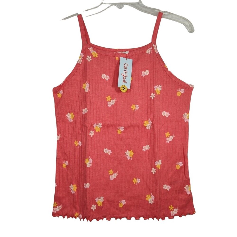 Cat and Jack Ribbed Coral Floral Tank Top Girls XL 14 16 PLUS Sleeveless NEW